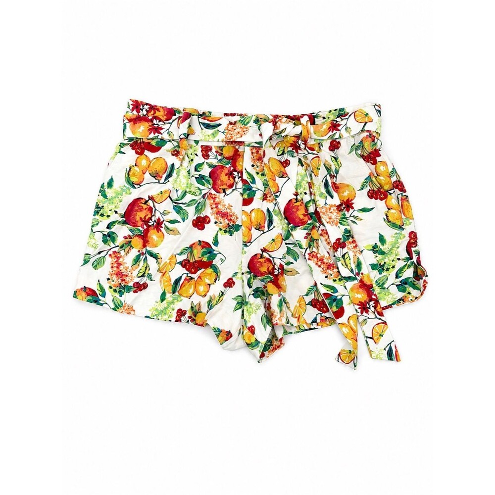 Lauren Conrad White Fruit Print Shorts Elastic Tie Belt Size XL Tropical Rayon